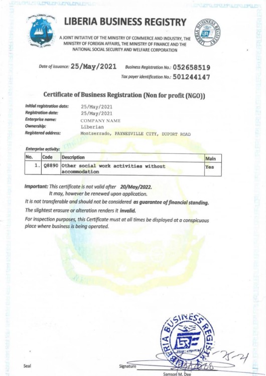 Liberia Certificate of Business Registration
